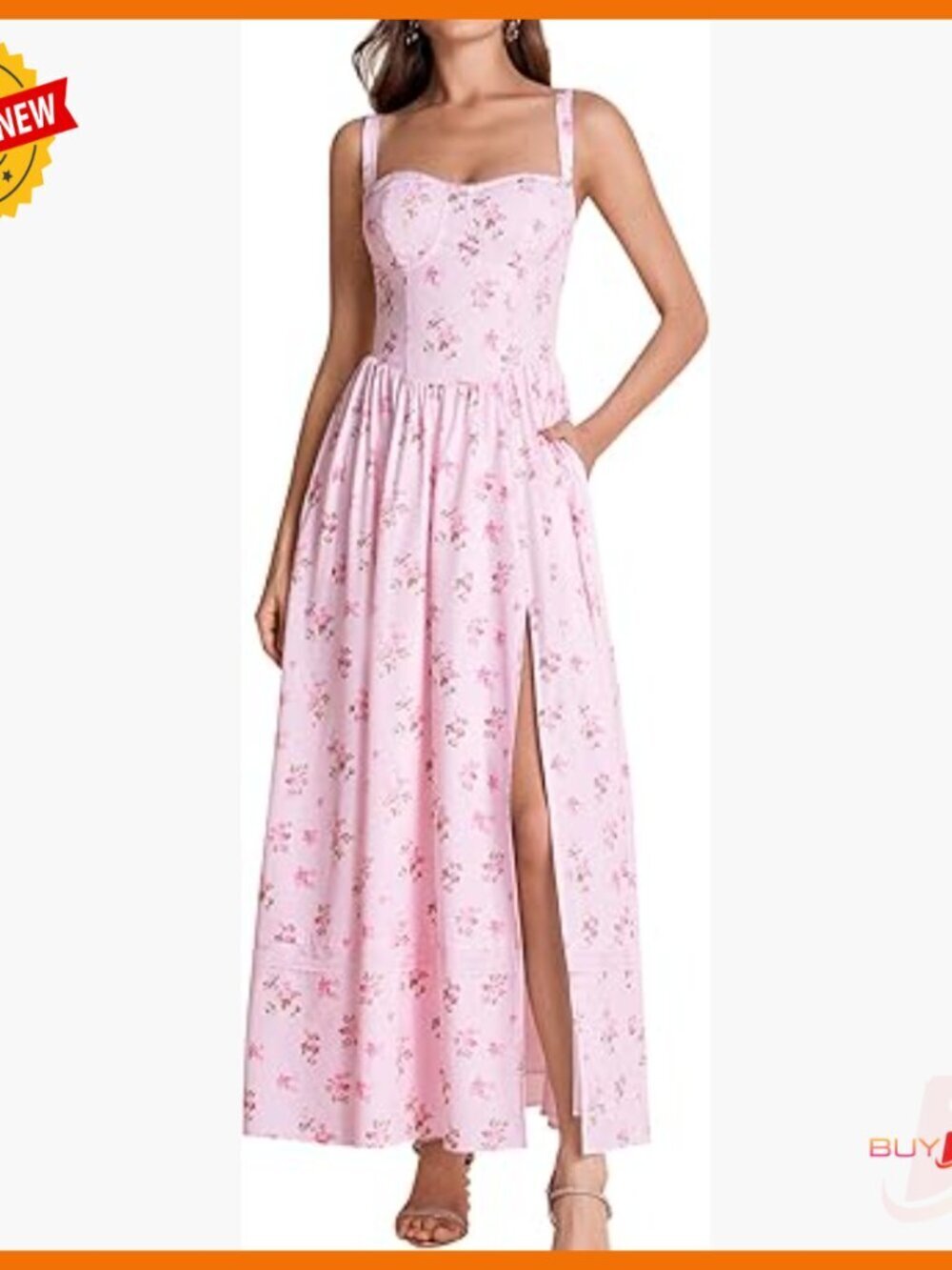 Floral Corset Maxi Dress with Pockets, Slit, Adjustable Straps